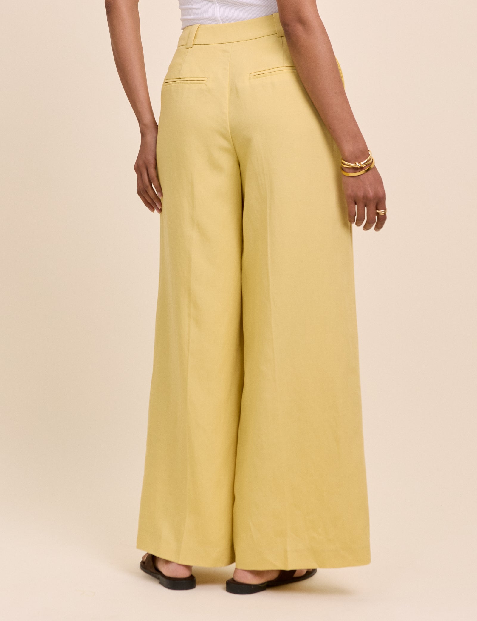 Yellow Linen-Blend Wide Leg Tailored Trousers