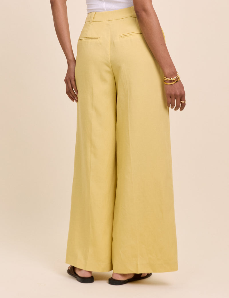 Yellow Linen-Blend Wide Leg Tailored Trousers