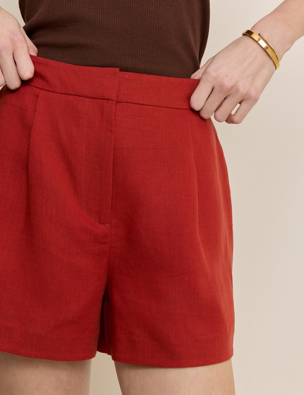 Rust Linen-Blend Tailored Shorts