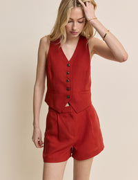 Red Linen-Blend Tailored Shorts