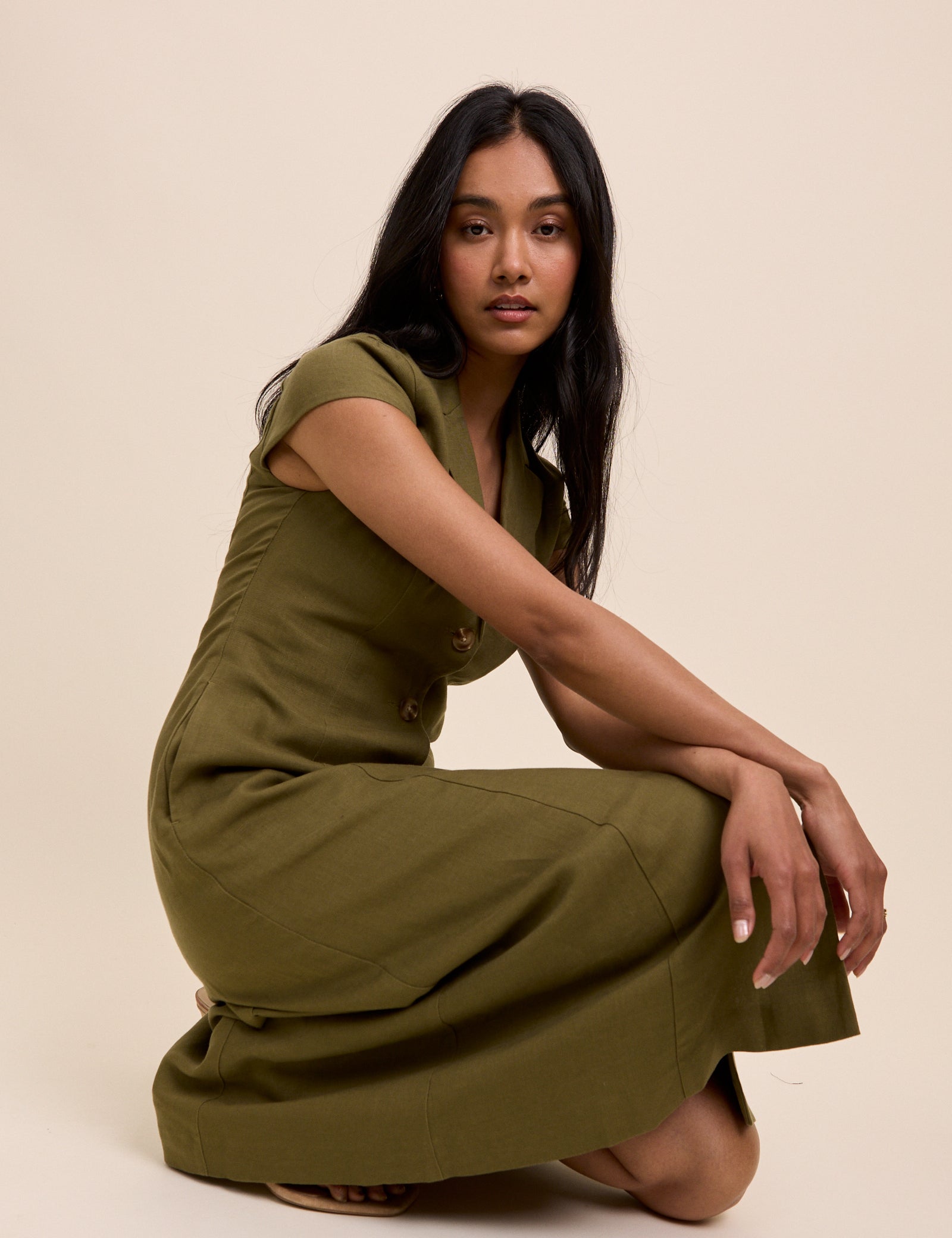 Khaki Tailored Midi Dress