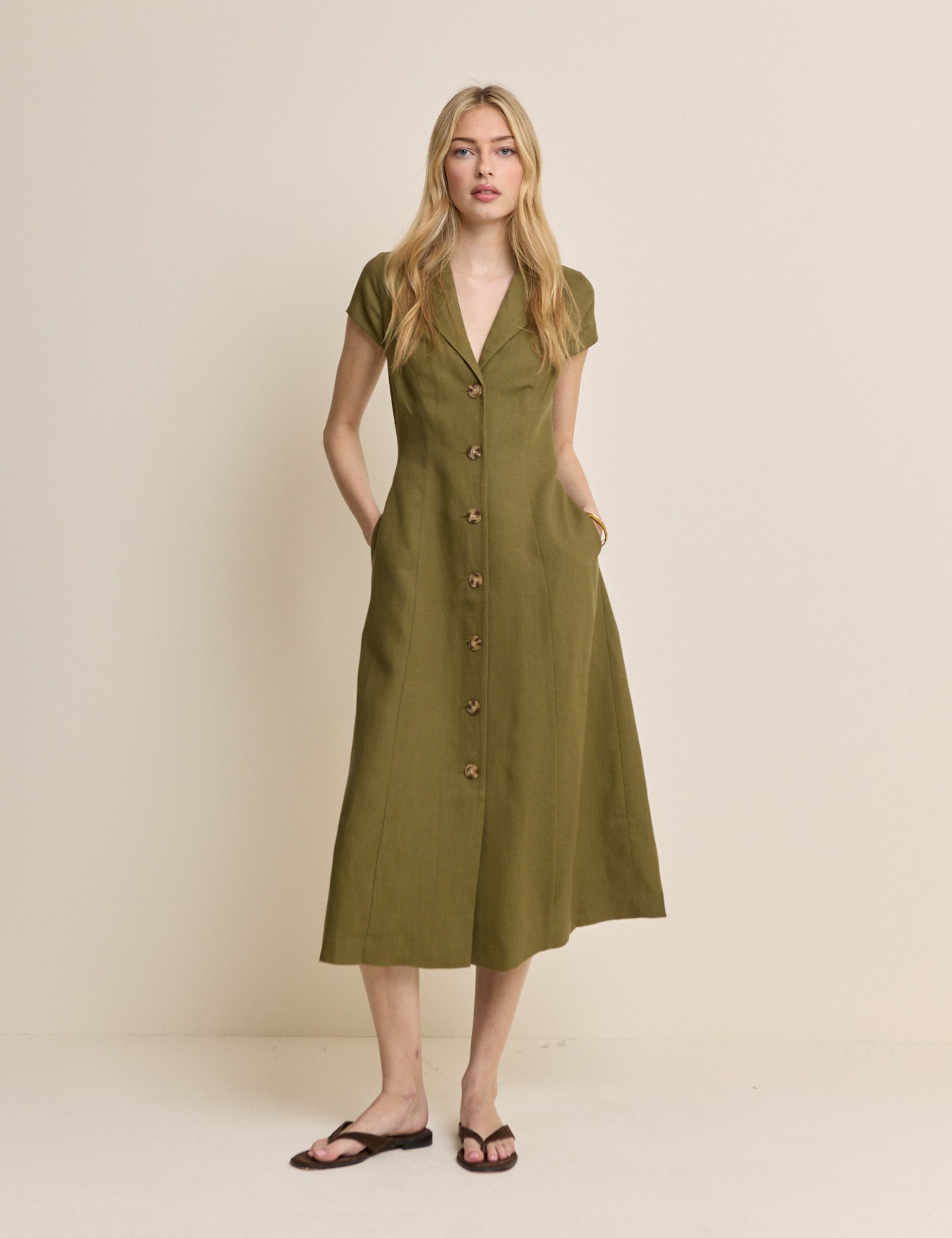 Khaki Tailored Midi Dress