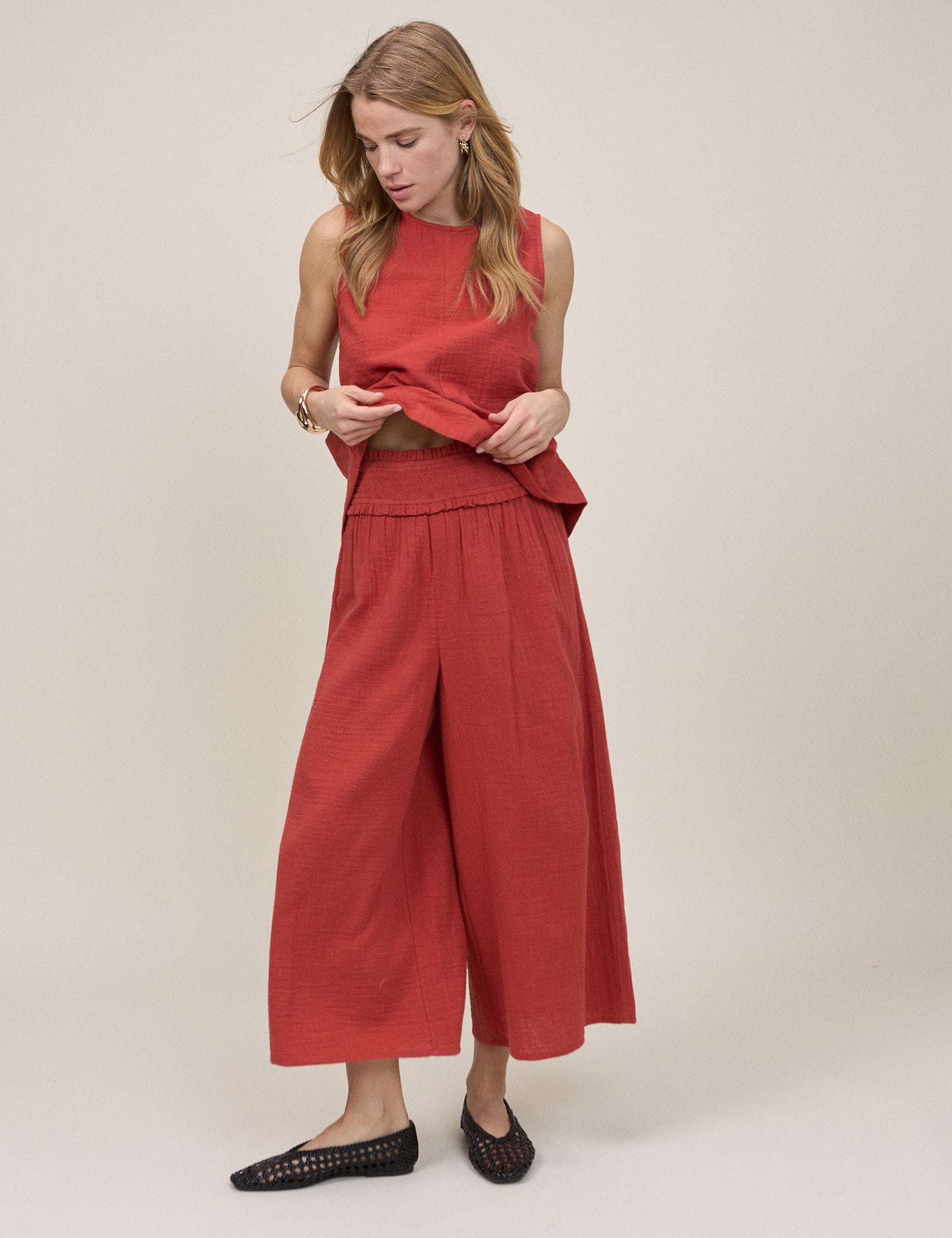 Red Cropped Palazzo Double Gauze Trouser