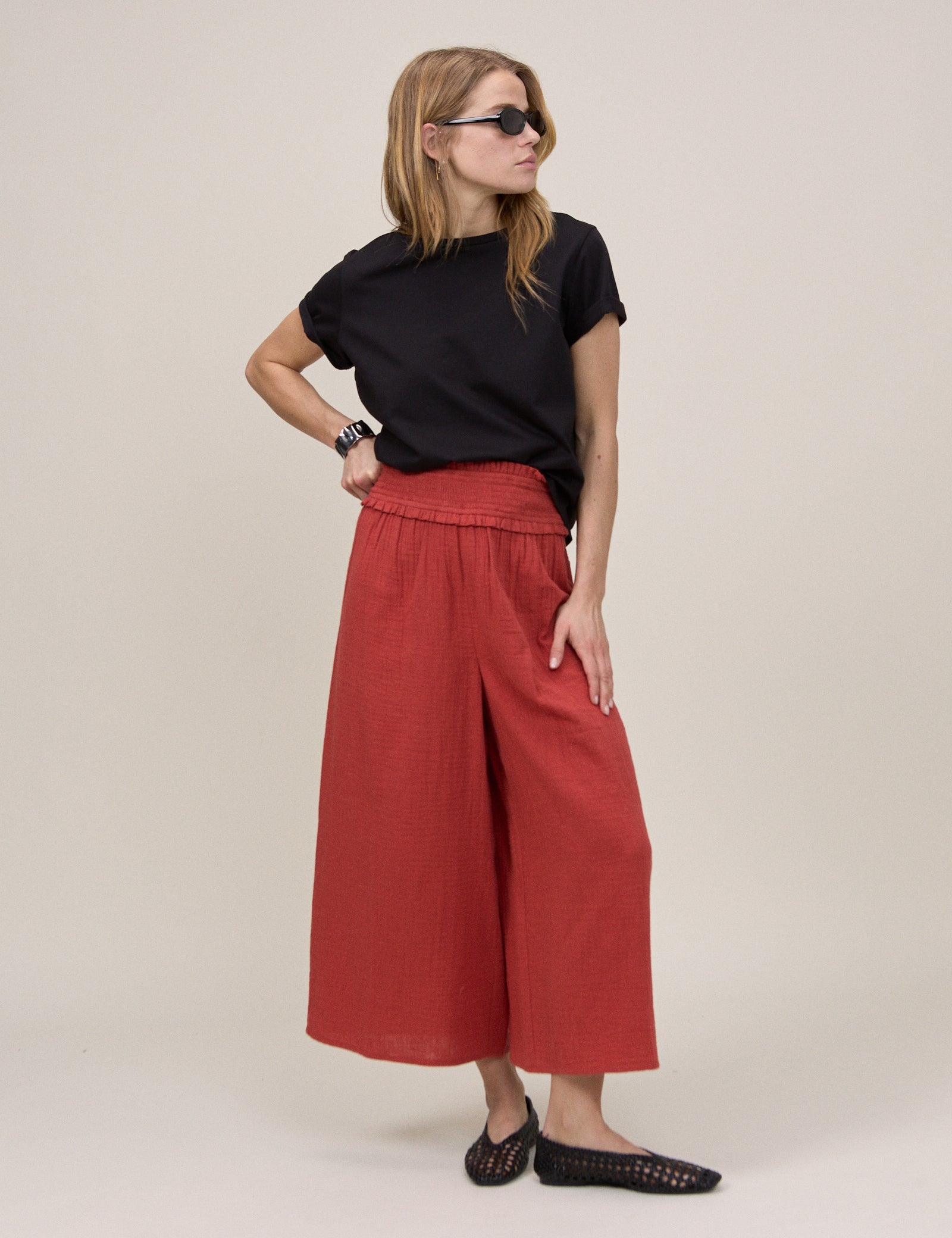 Red Cropped Palazzo Double Gauze Trouser