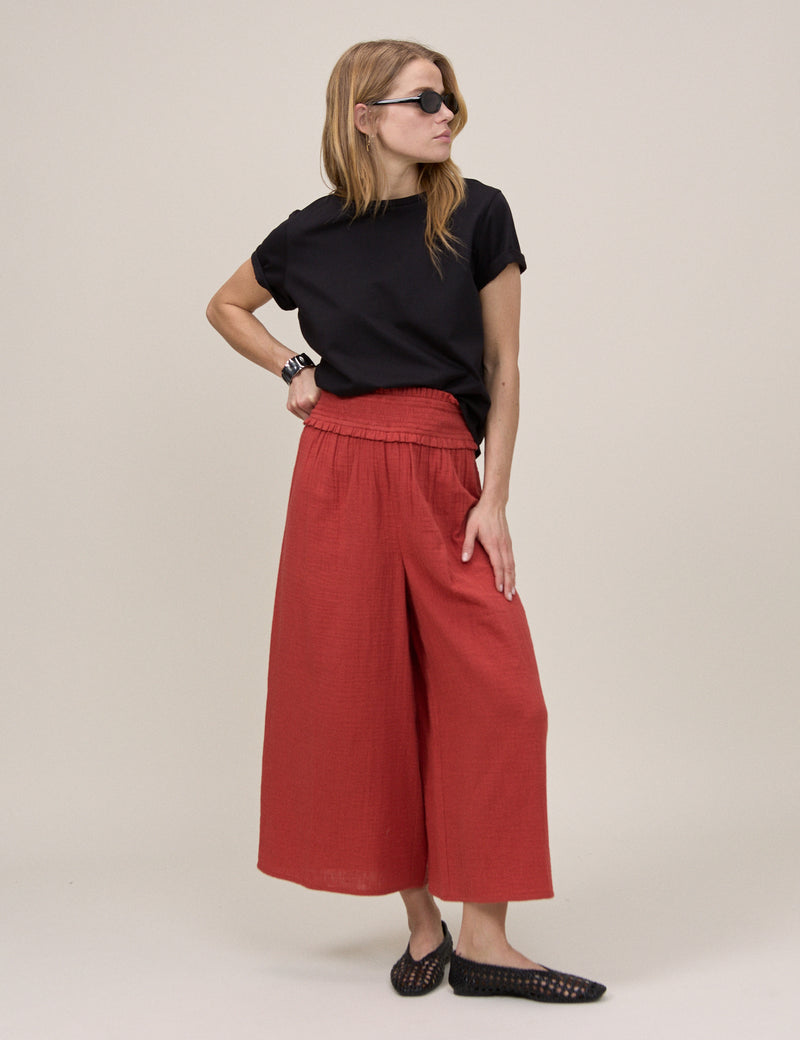 Red Cropped Palazzo Double Gauze Trouser