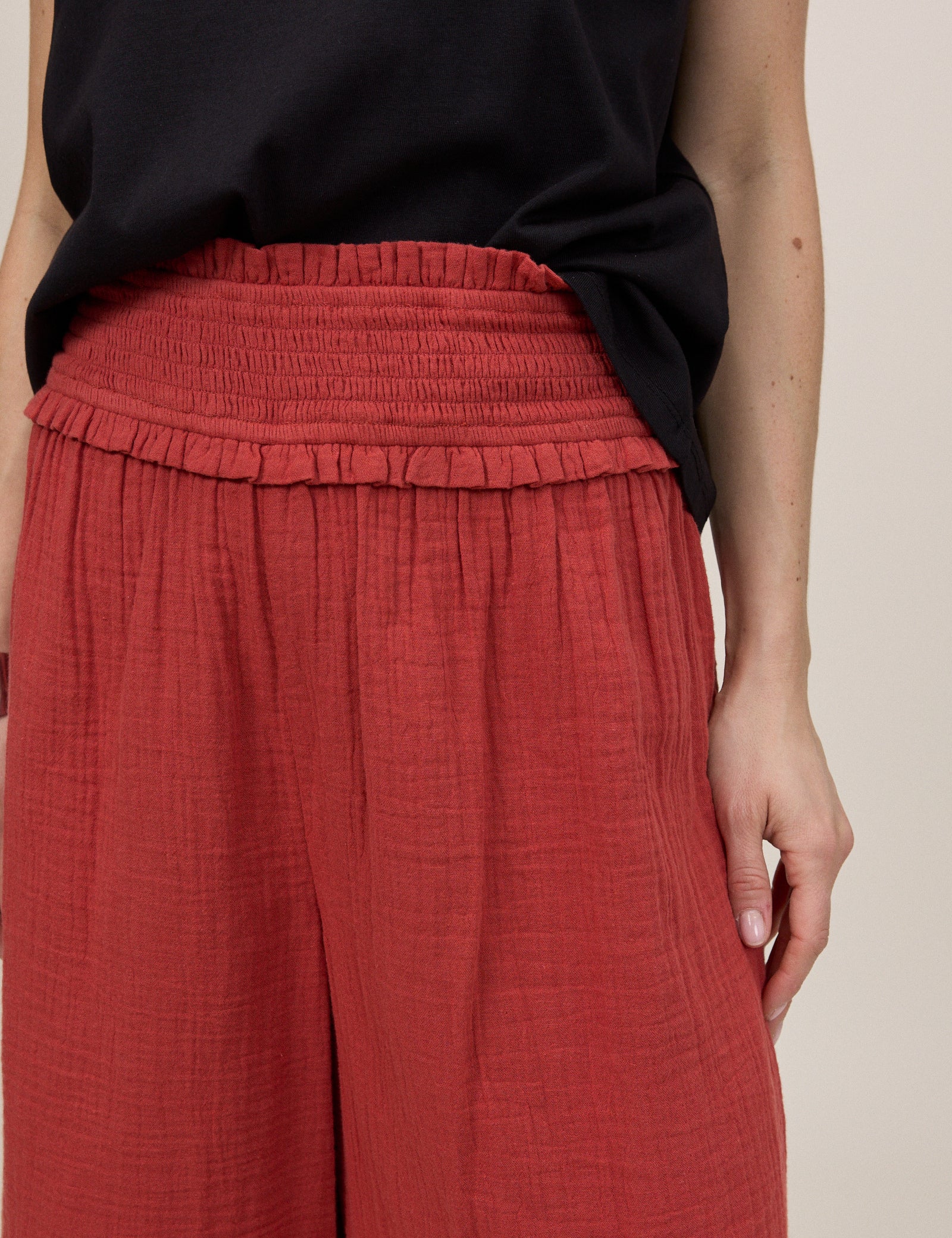 Red Cropped Palazzo Double Gauze Trouser
