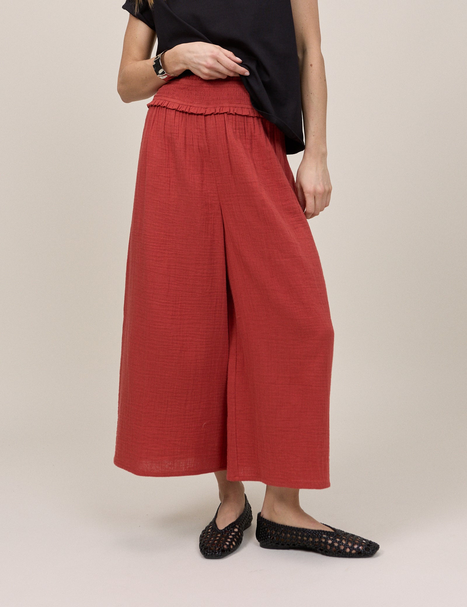 Red Cropped Palazzo Double Gauze Trouser