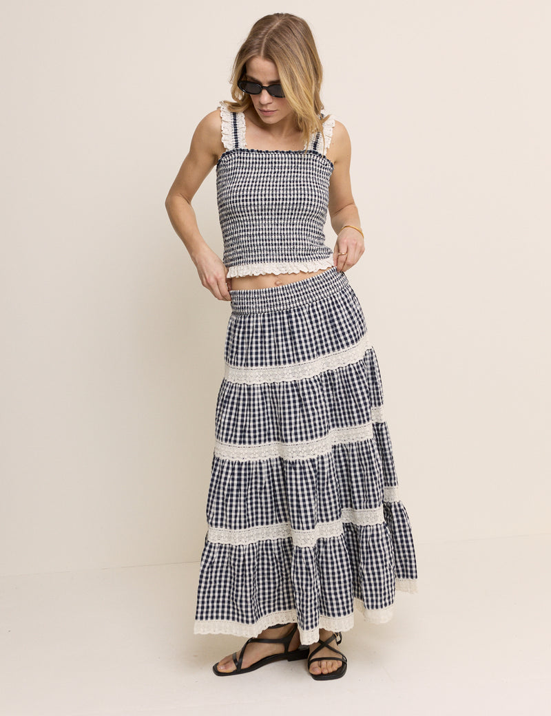 Navy Gingham Shirred Tiered Leonor Maxi Skirt