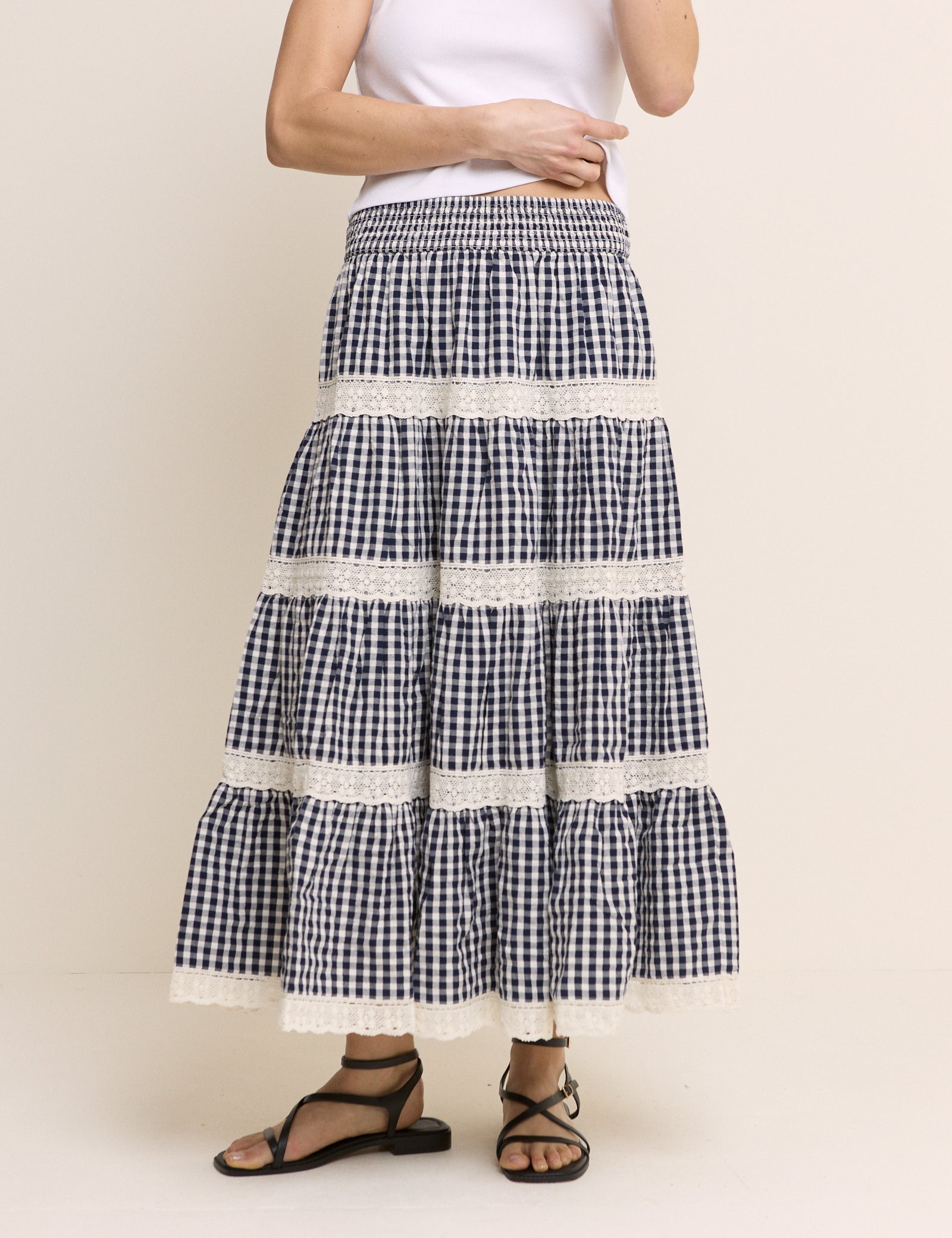 Navy Gingham Shirred Tiered Leonor Maxi Skirt