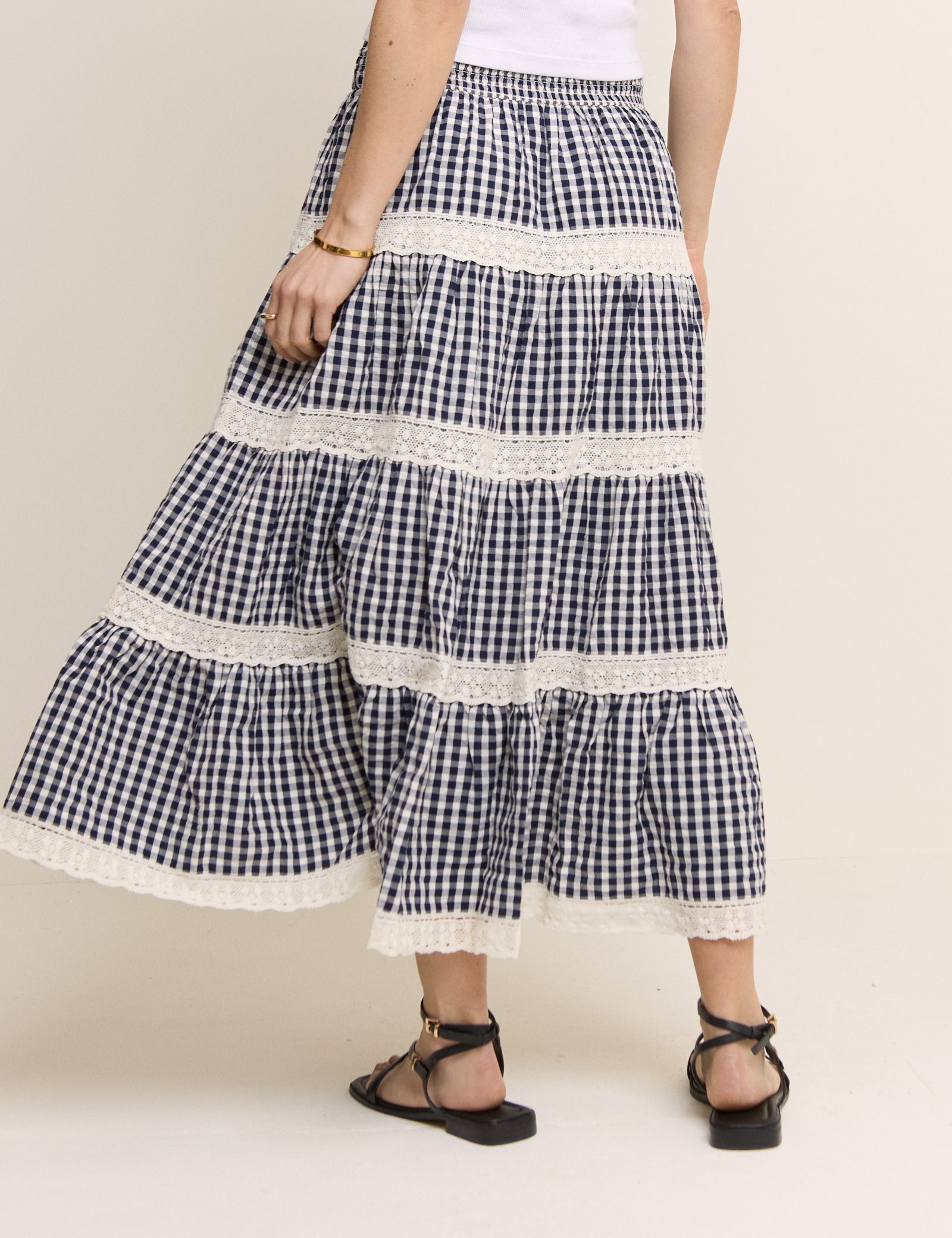 Navy Gingham Shirred Tiered Leonor Maxi Skirt