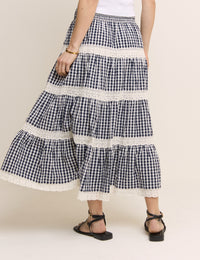 Navy Gingham Shirred Tiered Leonor Skirt