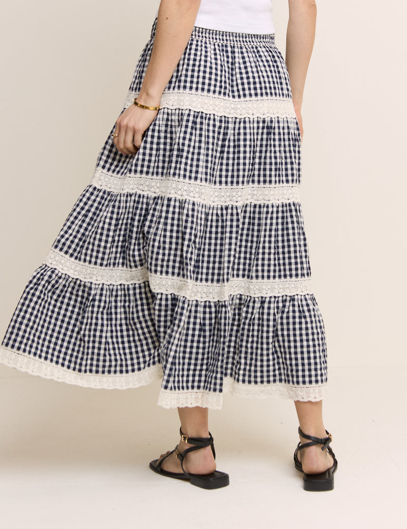 Navy Gingham Shirred Tiered Leonor Maxi Skirt