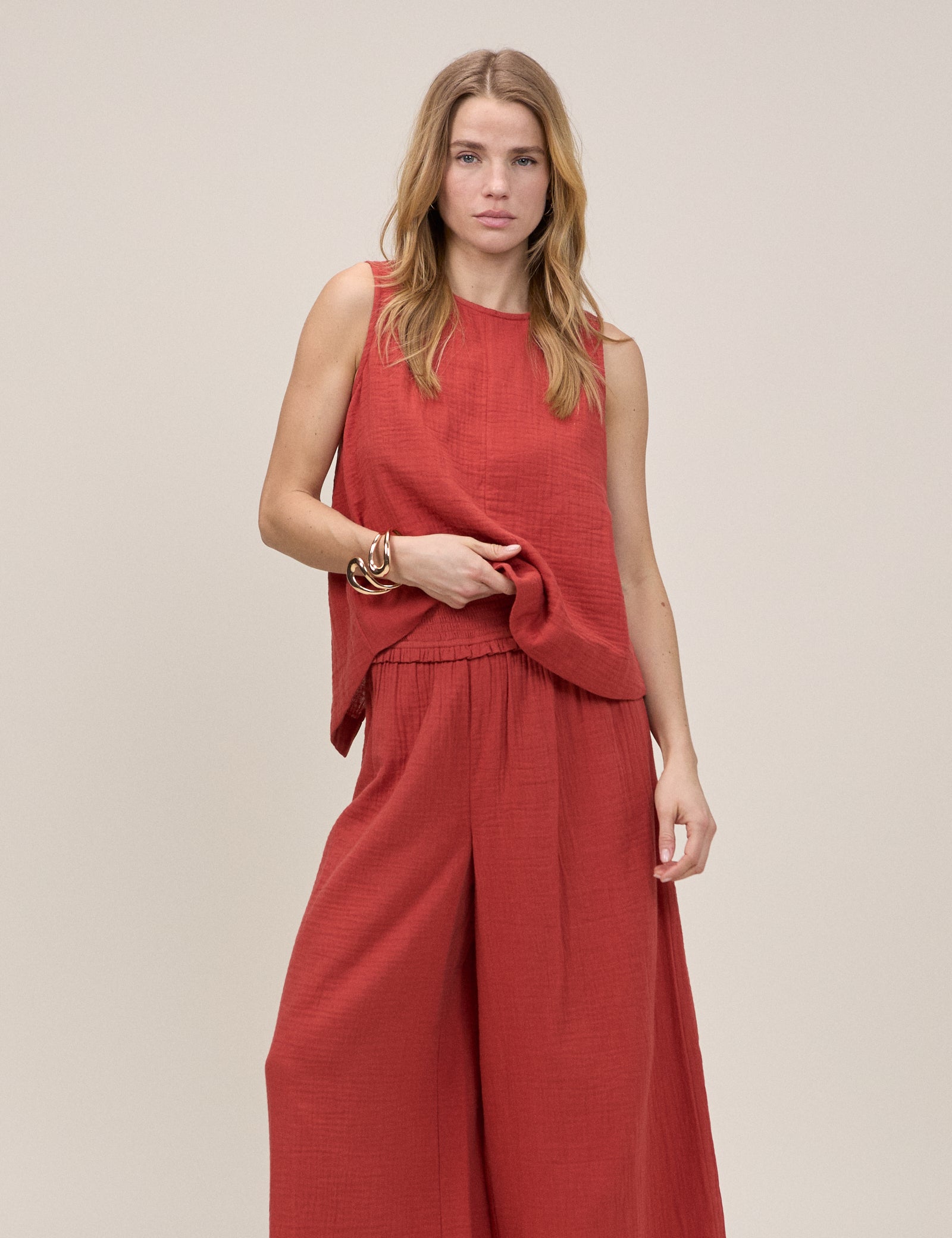 Red Sleeveless Stirling Top Double Gauze