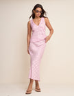 Pink and Brown Polka Dot Satin Midi Skirt