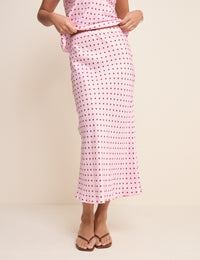 Pink and Brown Polka Dot Alana Satin Midi Skirt