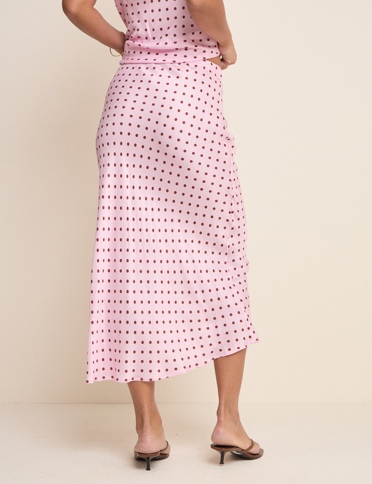 Pink and Brown Polka Dot Satin Midi Skirt