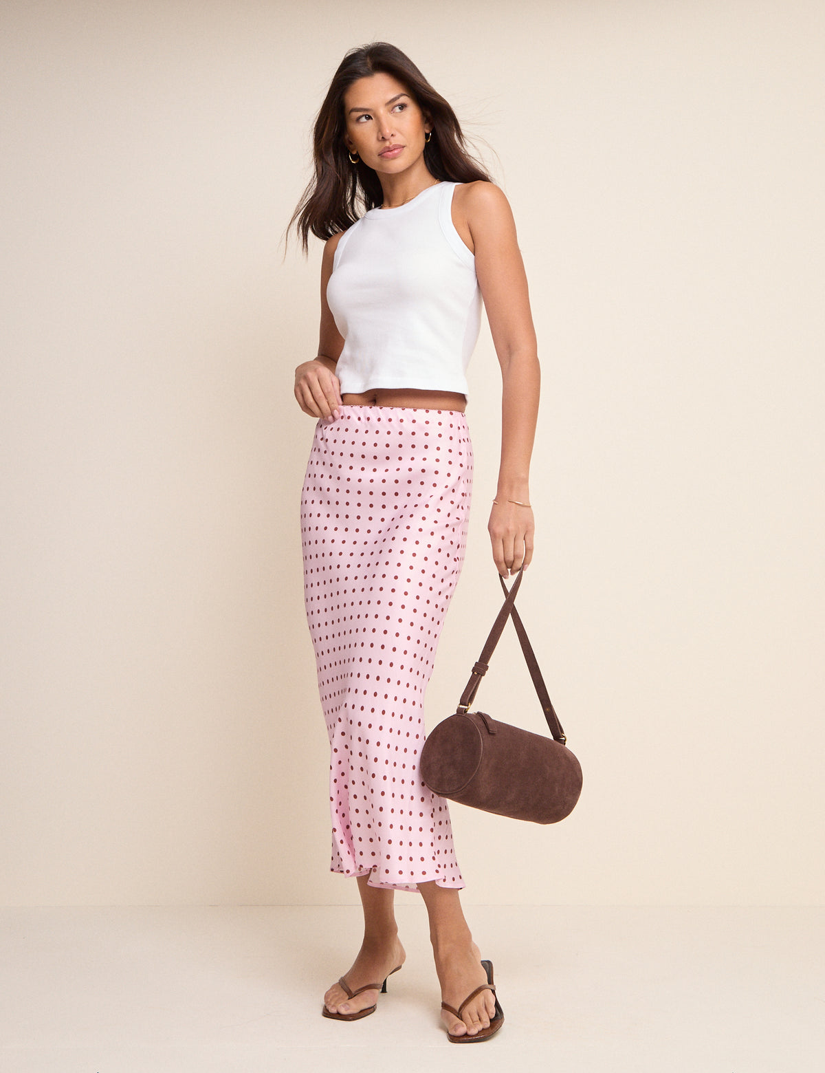 Pink and Brown Polka Dot Satin Midi Skirt