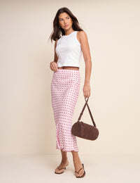 Pink and Brown Polka Dot Alana Satin Midi Skirt