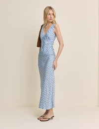 Blue and Brown Polka Dot Satin Midi Skirt