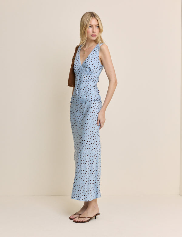 Blue and Brown Polka Dot Satin Midi Skirt