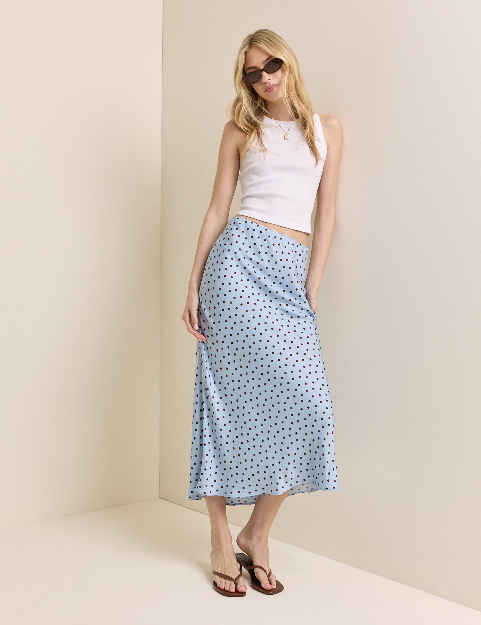 Blue and Brown Polka Dot Satin Midi Skirt