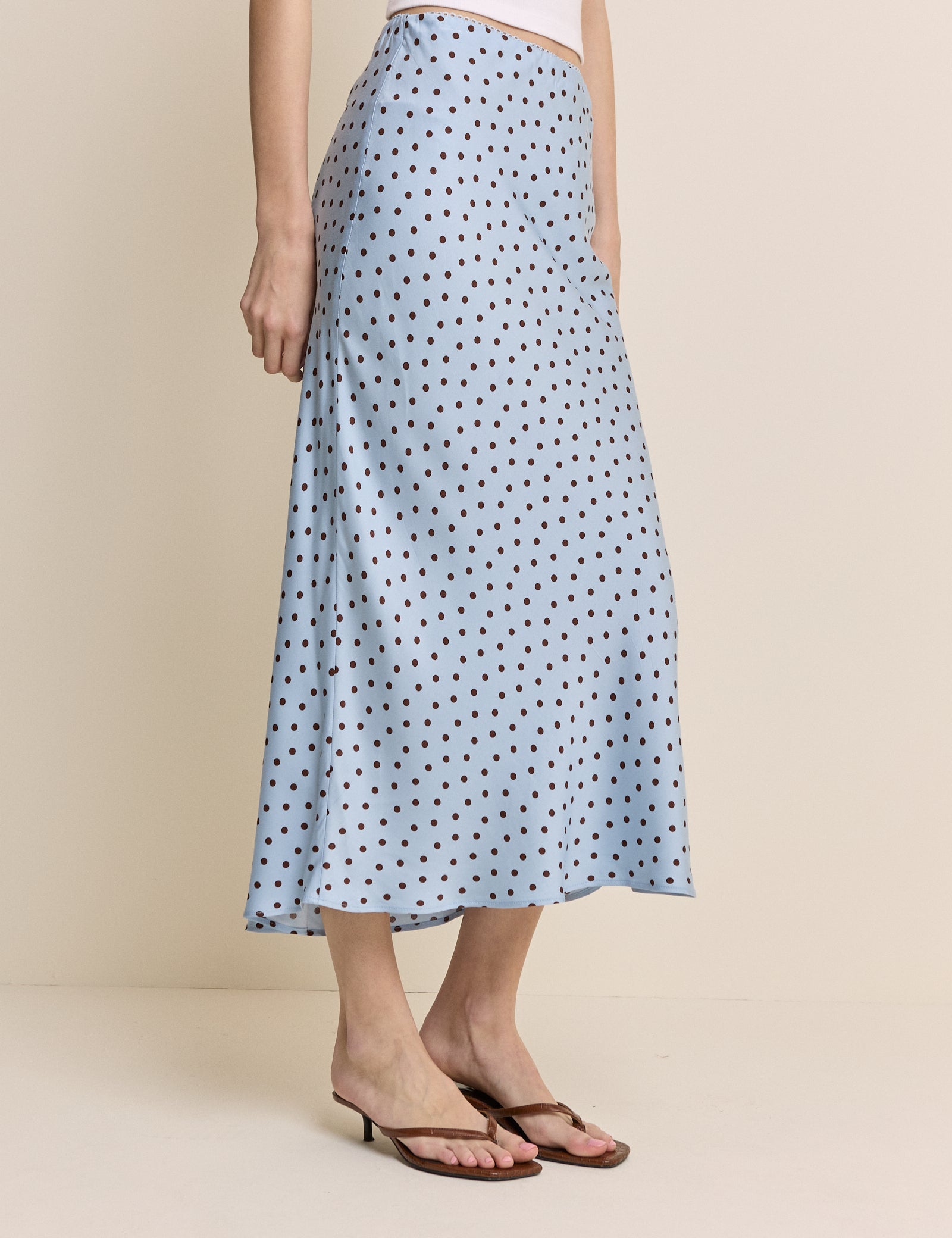 Blue and Brown Polka Dot Satin Midi Skirt