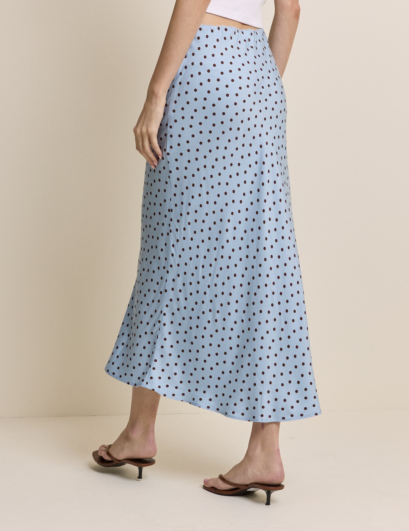 Blue and Brown Polka Dot Satin Midi Skirt