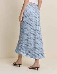 Blue and Brown Polka Dot Satin Midi Skirt