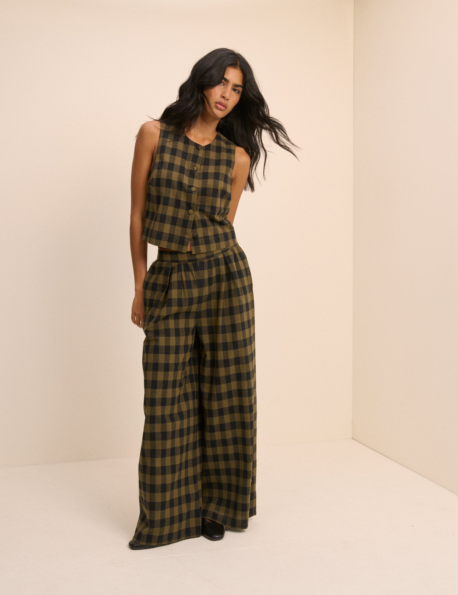 Khaki Green Gingham Button Front Top