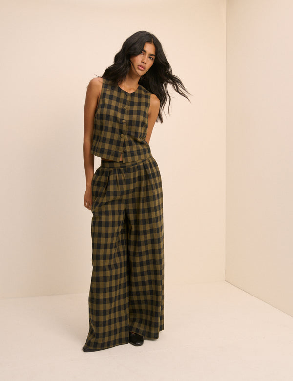 Khaki Green Gingham Button Front Top