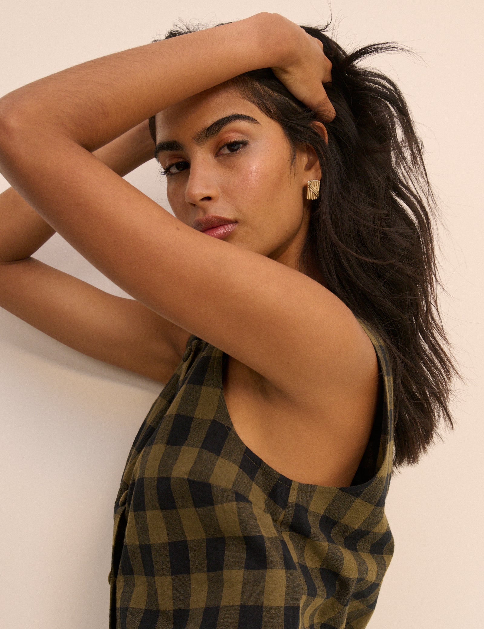 Khaki Green Gingham Button Front Top