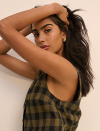 Khaki Green Gingham Button Front Top