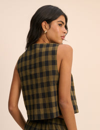 Khaki Green Gingham Button Front Top