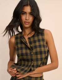 Khaki Green Gingham Button Front Top