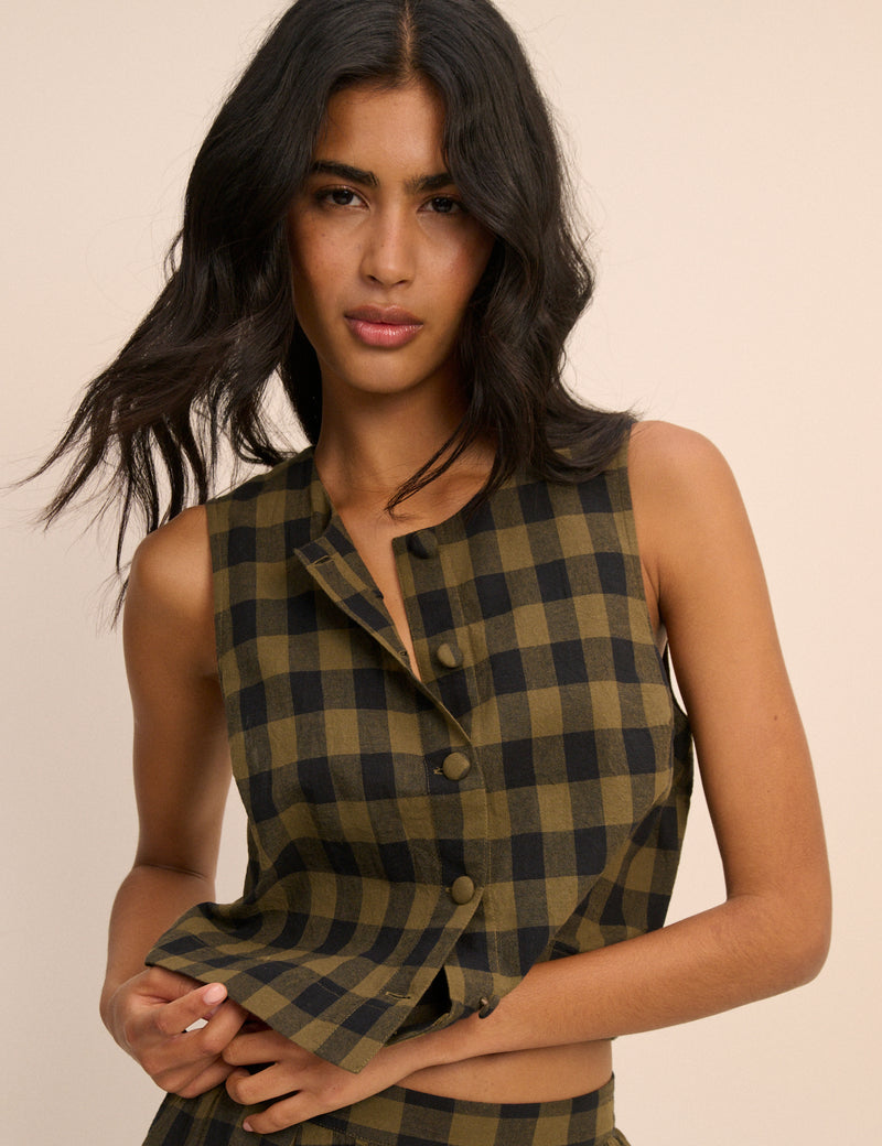 Khaki Green Gingham Button Front Top