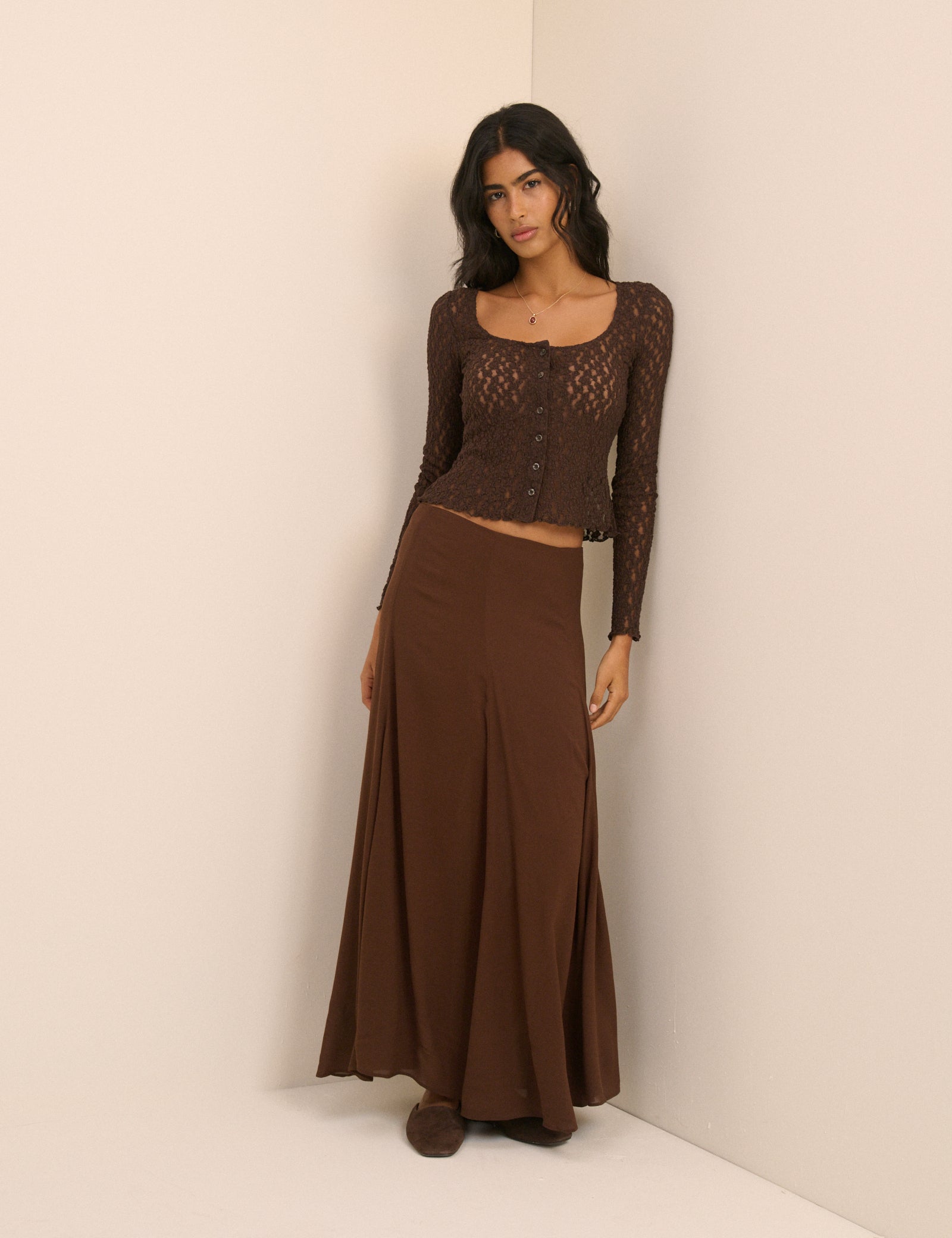 Brown Lace Scoop Neck Cardigan