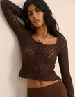 Brown Lace Scoop Neck Cardigan