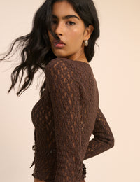 Brown Lace Scoop Neck Cardigan