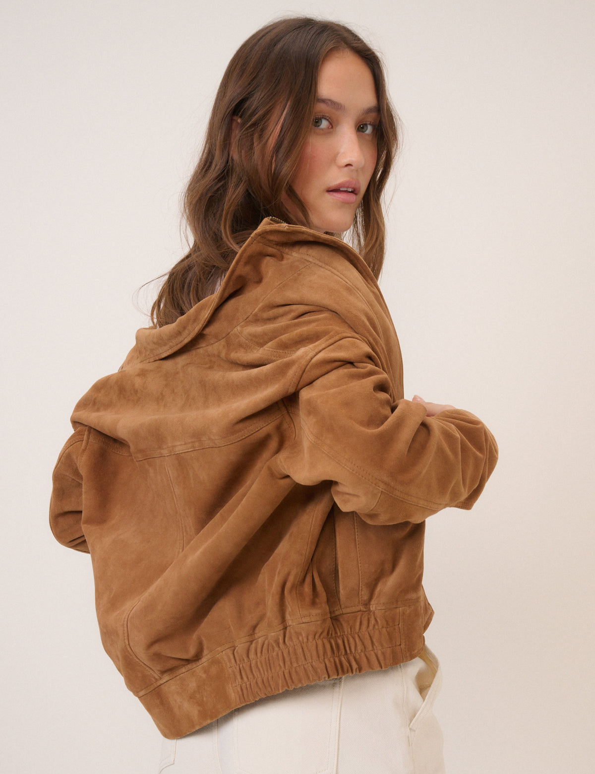 Brown Funnel Neck Suede Bomber
