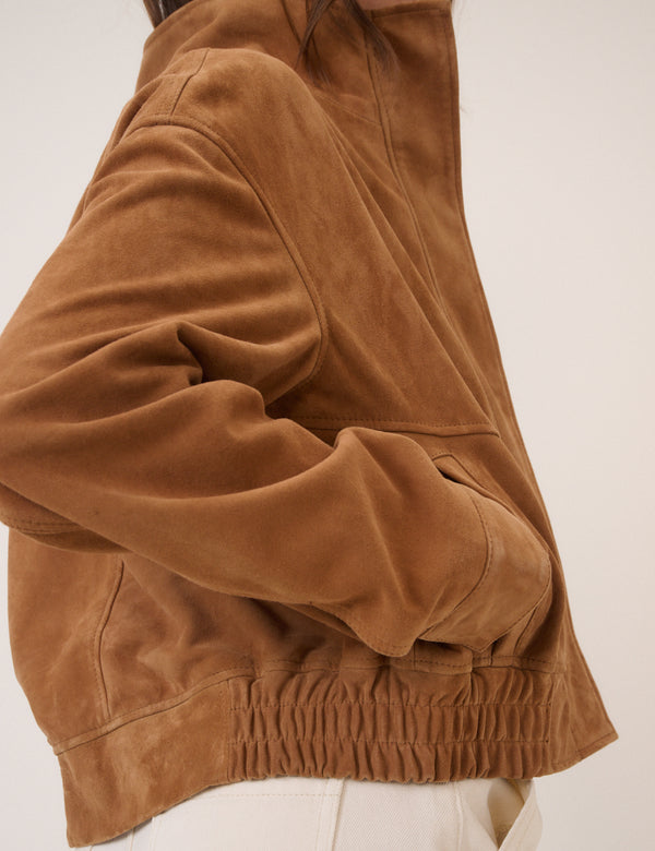 Brown Funnel Neck Suede Bomber