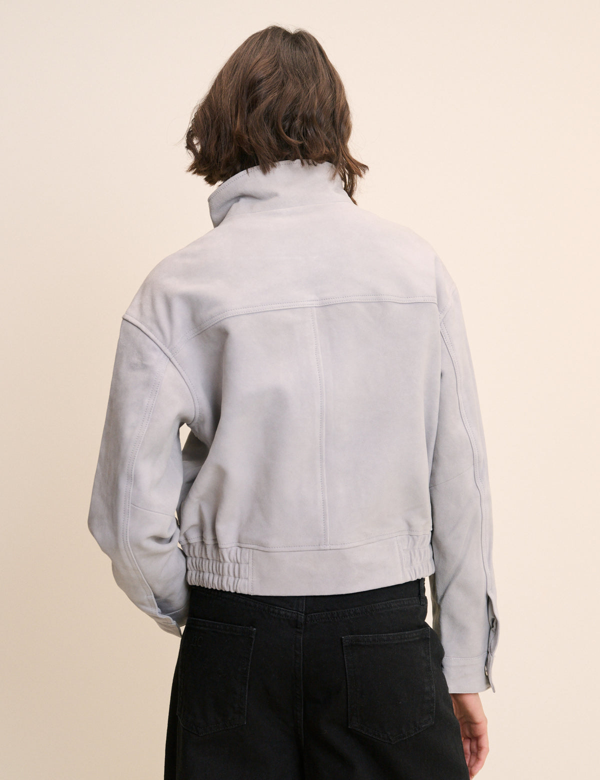 Grey Funnel Neck Suede Bomber