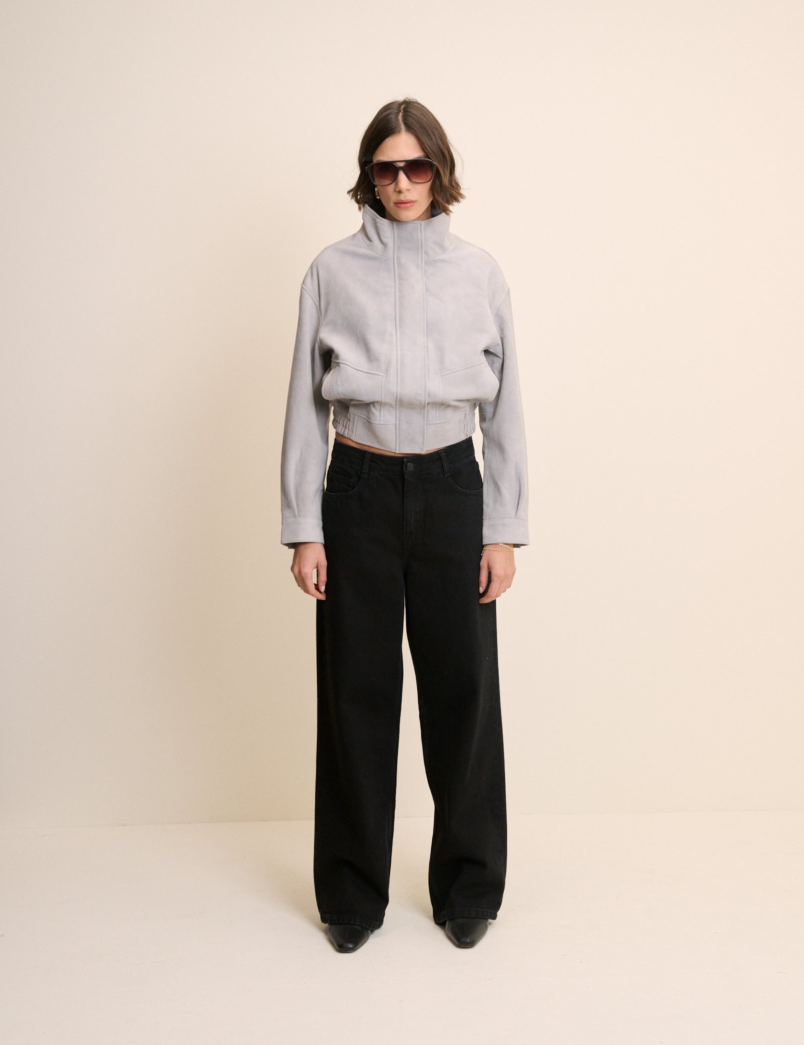 Grey Funnel Neck Suede Bomber