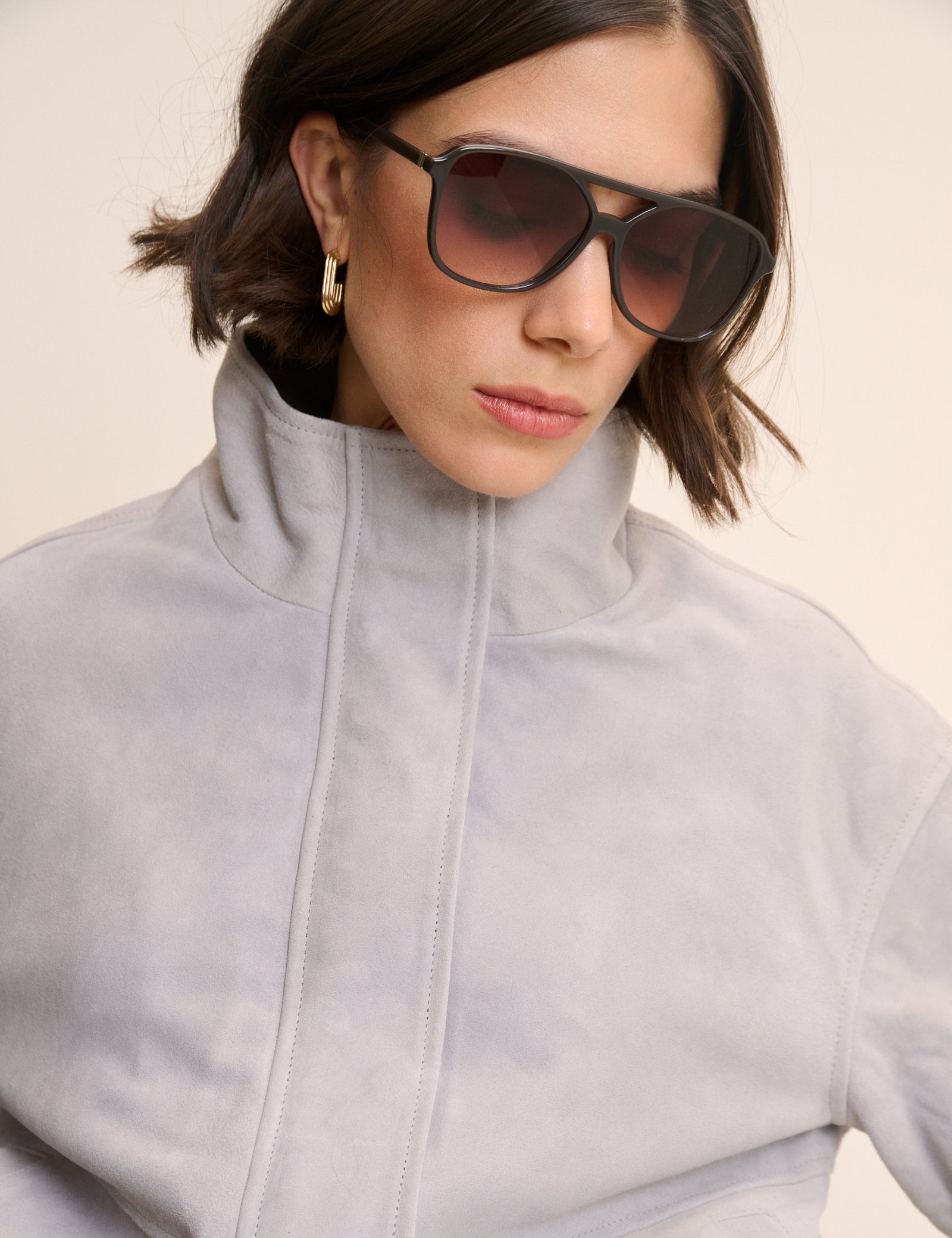 Grey Funnel Neck Suede Bomber