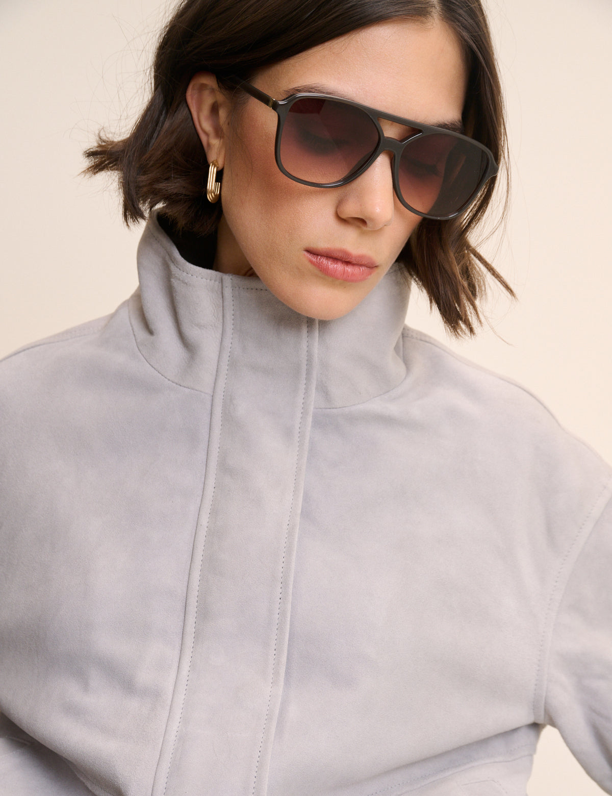 Grey Funnel Neck Suede Bomber