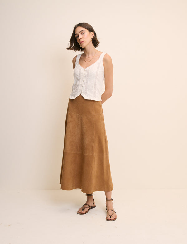 Brown Suede Midi Skirt