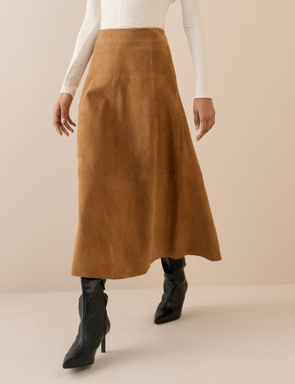 Brown Suede Midi Skirt