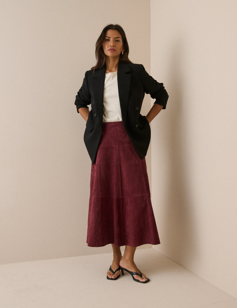 Burgundy Suede Midi Skirt