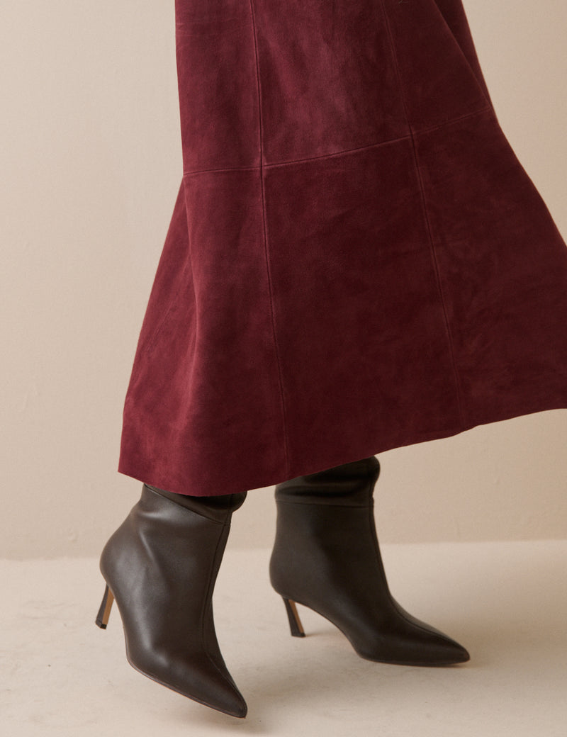 Burgundy Suede Midi Skirt