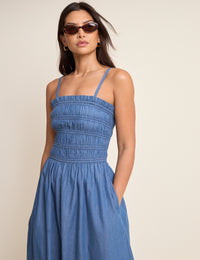 Mid-Wash Denim Shirred Faith Midi Dress