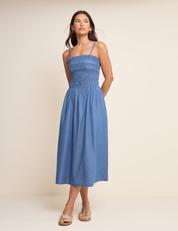 Mid-Wash Denim Shirred Faith Midi Dress